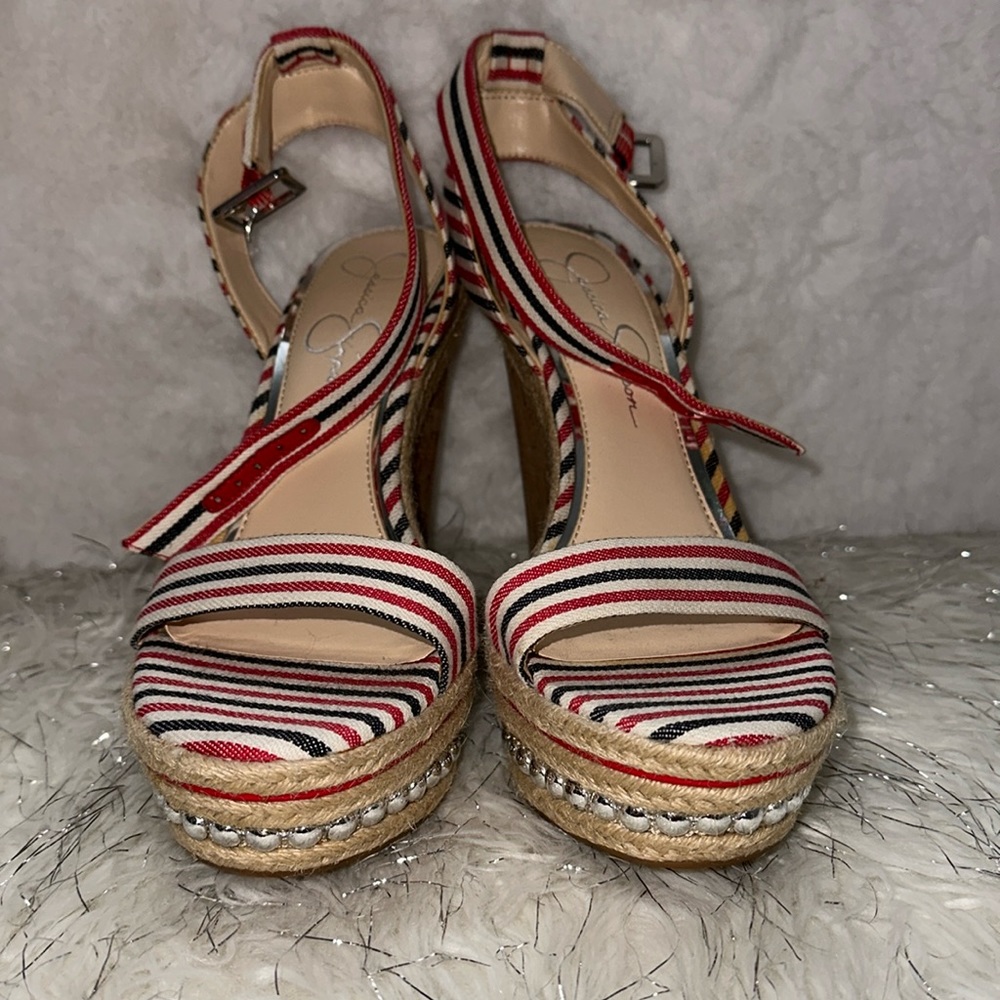 HOT🔥🔥 Jessica Simpson red white & blue cork heel studded wedges 🔥SO HOT🔥